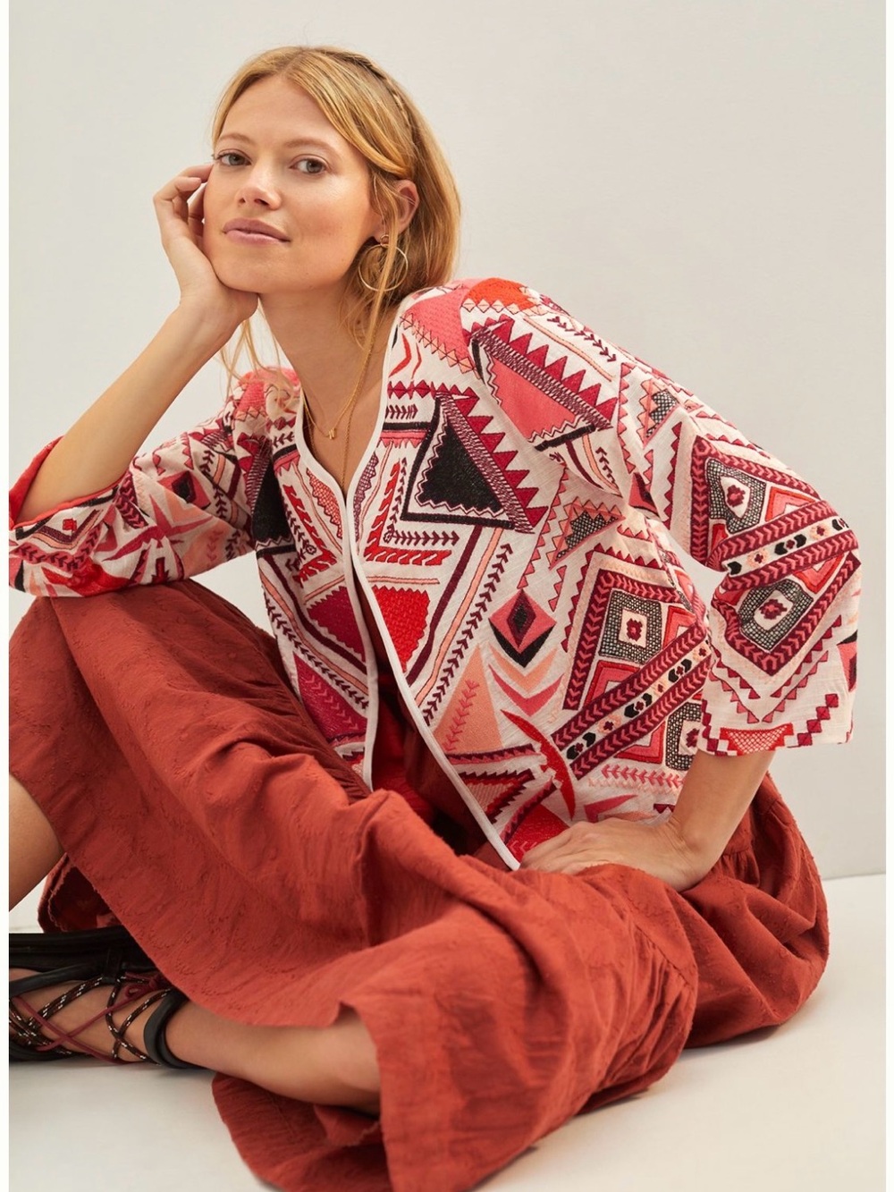 NWT-Anthropologie Embroidered Geometric Jacket in Red & Pink